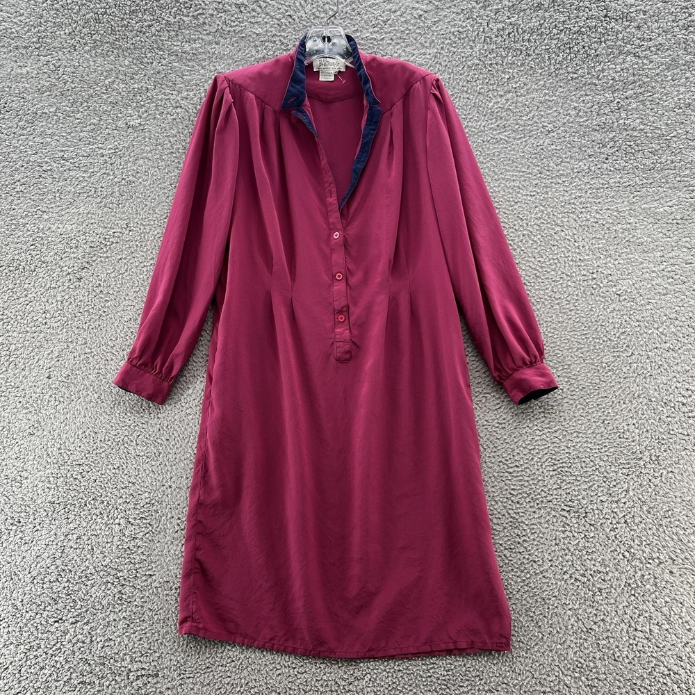 VTG‎ 80s B Altman Dress 10 Maroon Silk Long Sleeve Pockets Shirtdress